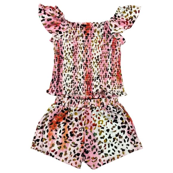 Girls 1st Kiss Pink Leopard Off-Shoulder Smocked Top & Shorts Set L/14 - Picture 2 of 9